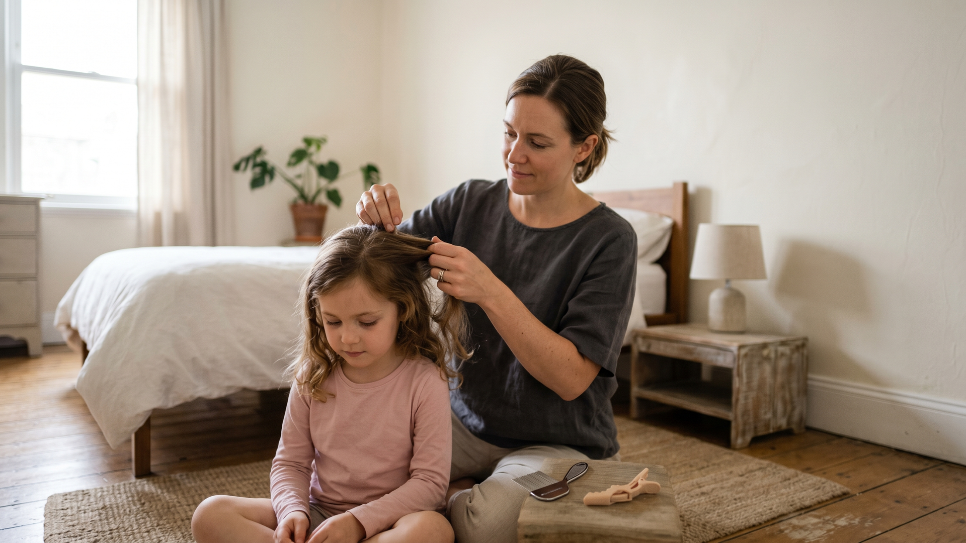 Parent managing a lice outbreak at home with a careful head check