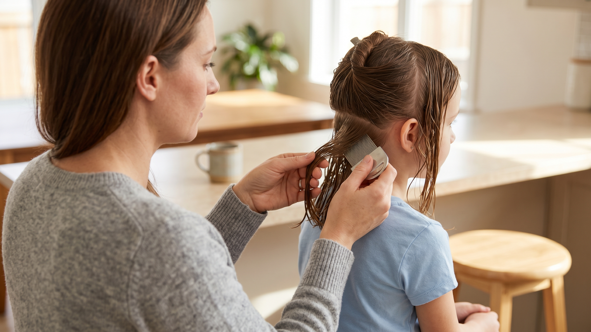 Parent checking behind a child's ear when explaining how lice spread
