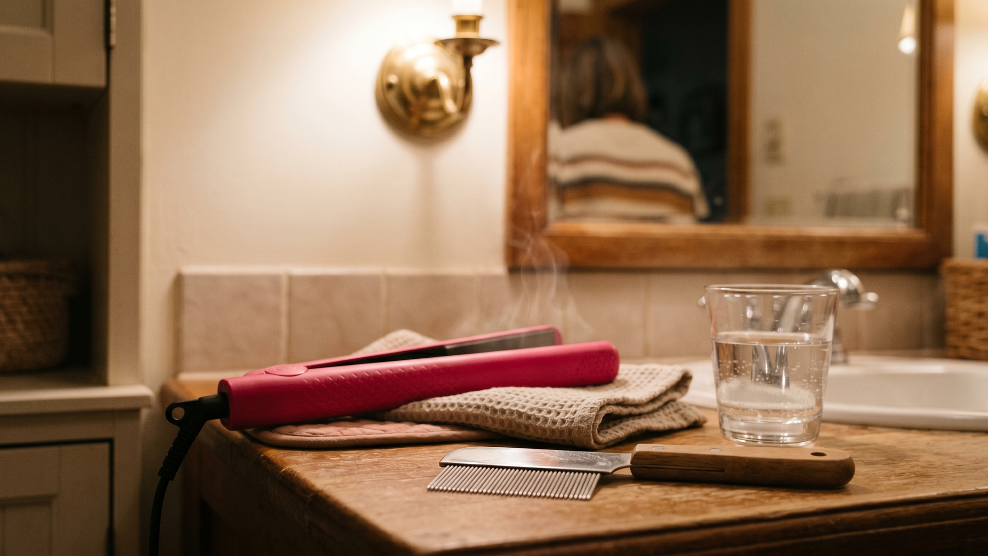 Pink ceramic flat iron on a bathroom counter beside a fine-tooth metal nit comb, illustrating the choice between heat styling and proper lice removal.
