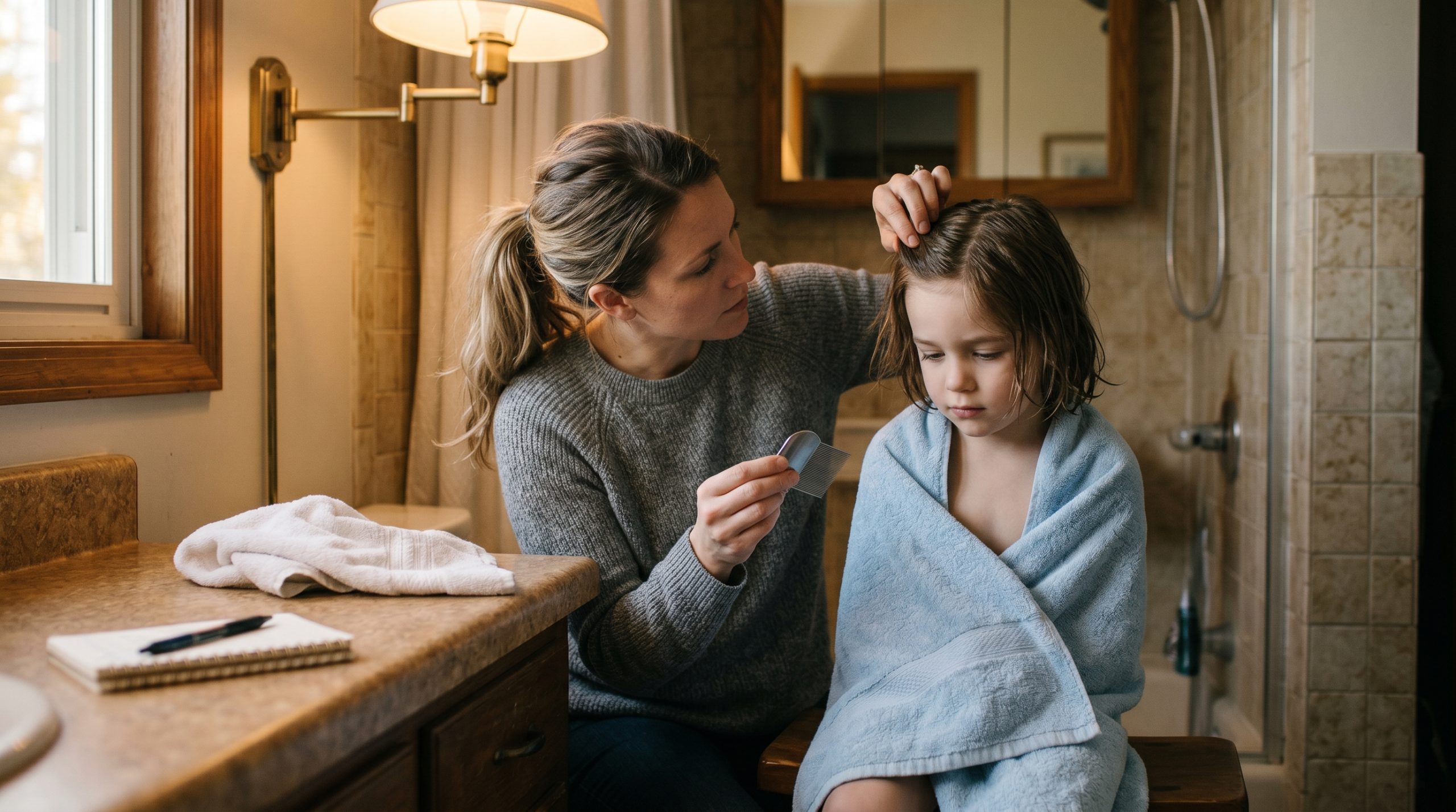 Calm parent in a warm bathroom holding a fine-tooth metal nit comb and gently checking a child's scalp section, with a folded towel and notebook on the counter