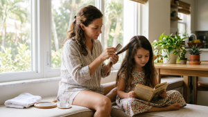 Mother sectioning her daughter's hair with a fine nit comb under bright window light to check for early signs of head lice.