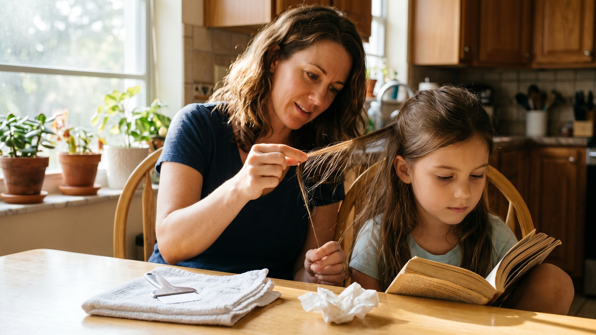 Parent using a nit comb while checking for nits after treatment