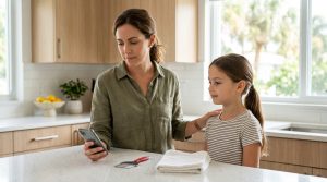 Mother in a sunlit South Florida kitchen looking at a school notification on her phone with one hand on her young daughter's shoulder, a fine-toothed metal nit comb and folded white towel on the counter ready for a home head check.
