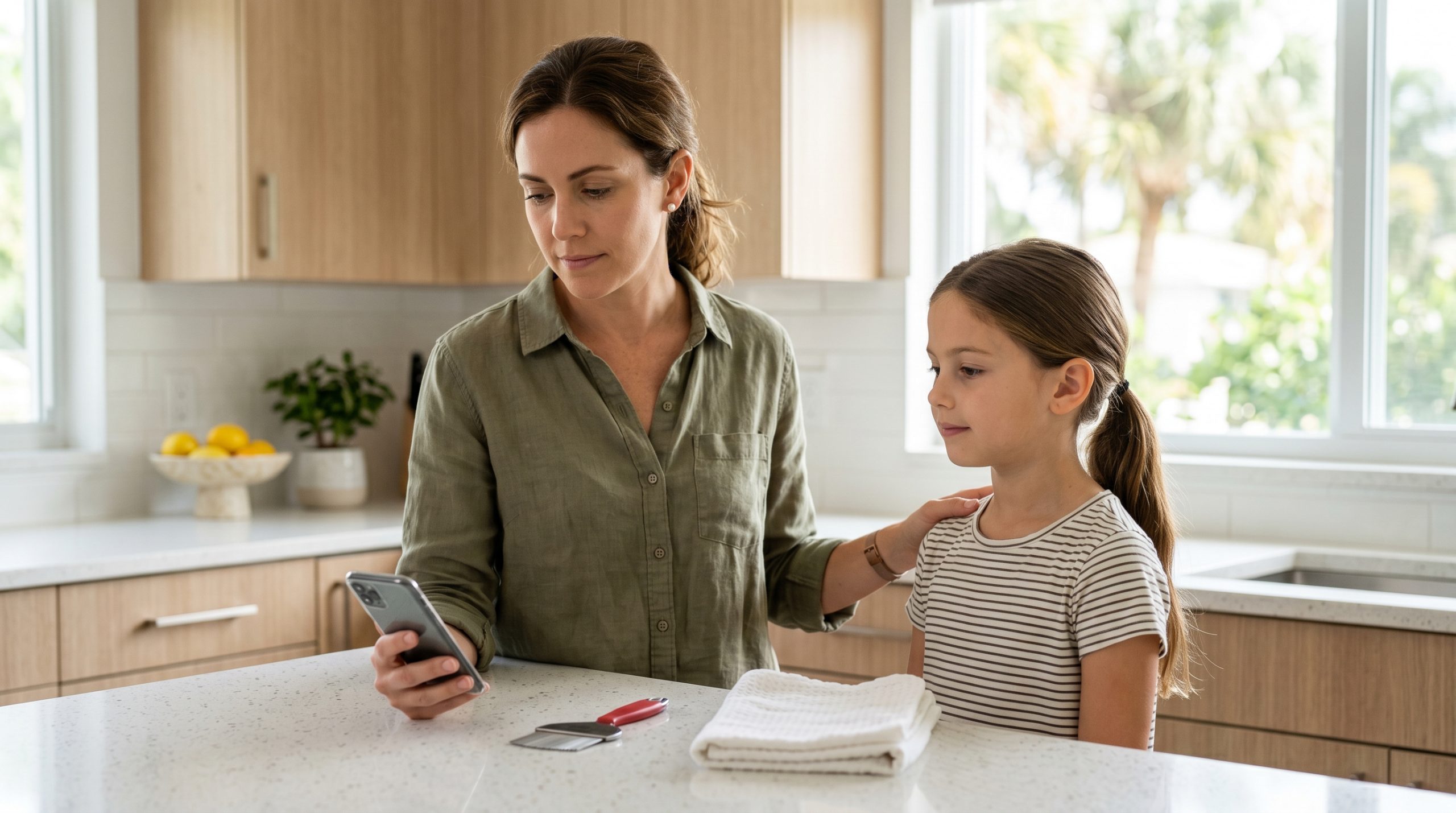 Mother in a sunlit South Florida kitchen looking at a school notification on her phone with one hand on her young daughter's shoulder, a fine-toothed metal nit comb and folded white towel on the counter ready for a home head check.