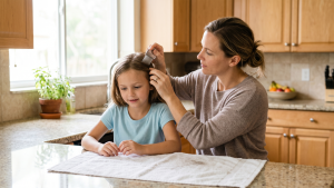 Mother in a sunlit South Florida kitchen carefully parting her elementary-aged daughter's hair near the scalp with a fine-toothed metal nit comb, with a white cotton towel laid across the counter, checking for any remaining lice after a recent at-home treatment.