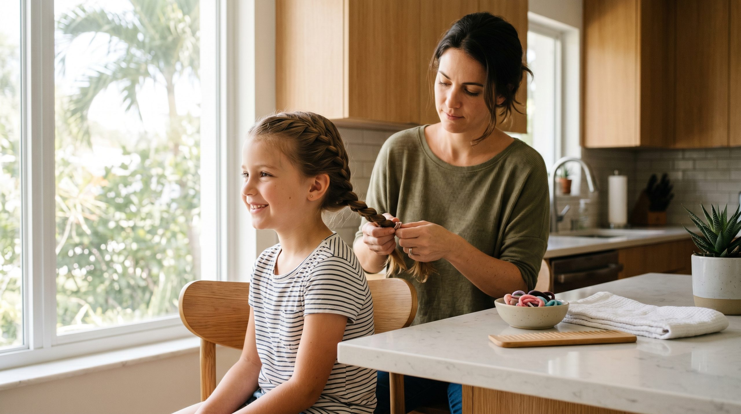Parent braiding a child's hair for year-round lice prevention