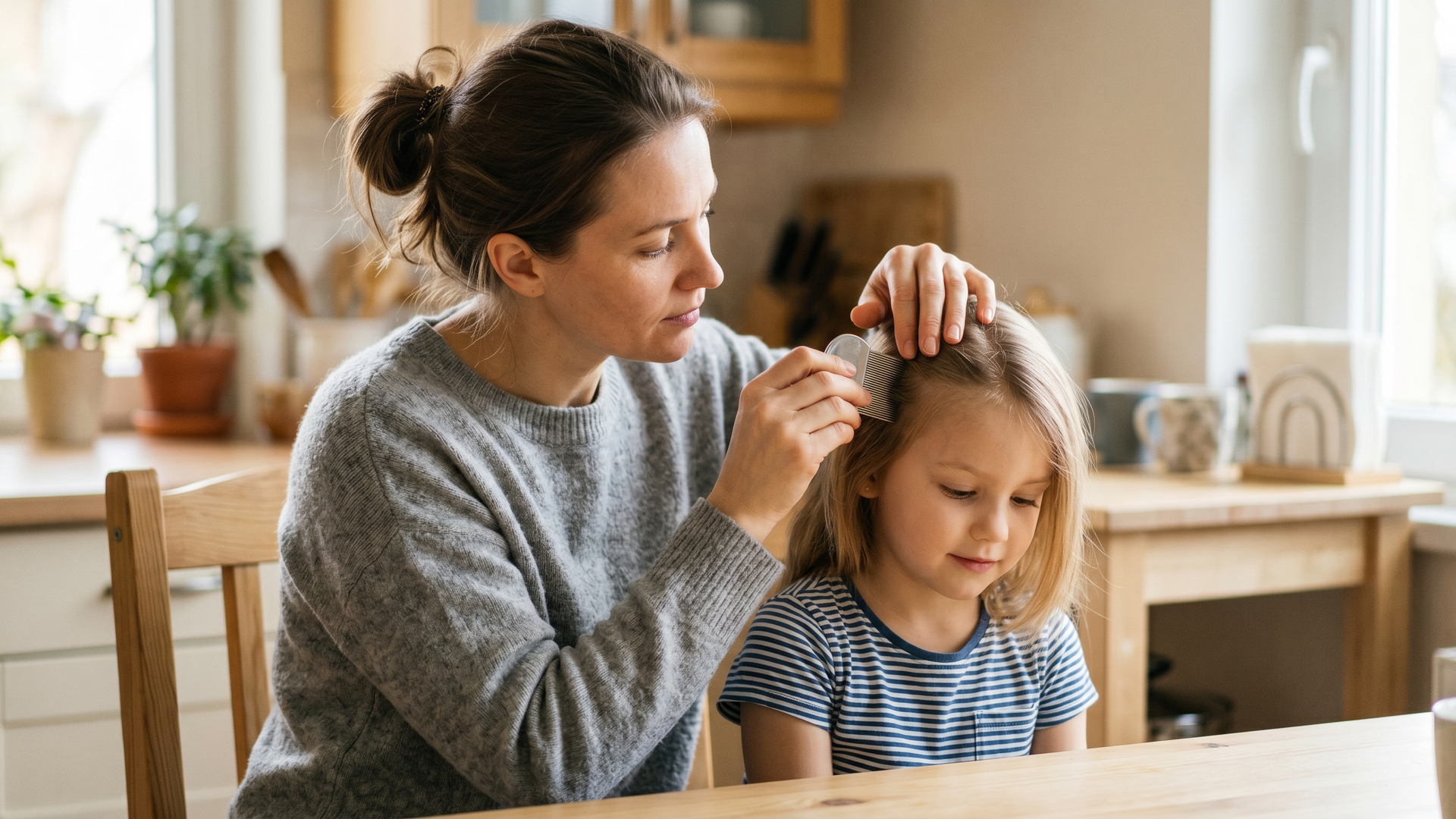 Parent and child sitting together during a calm head lice conversation and check