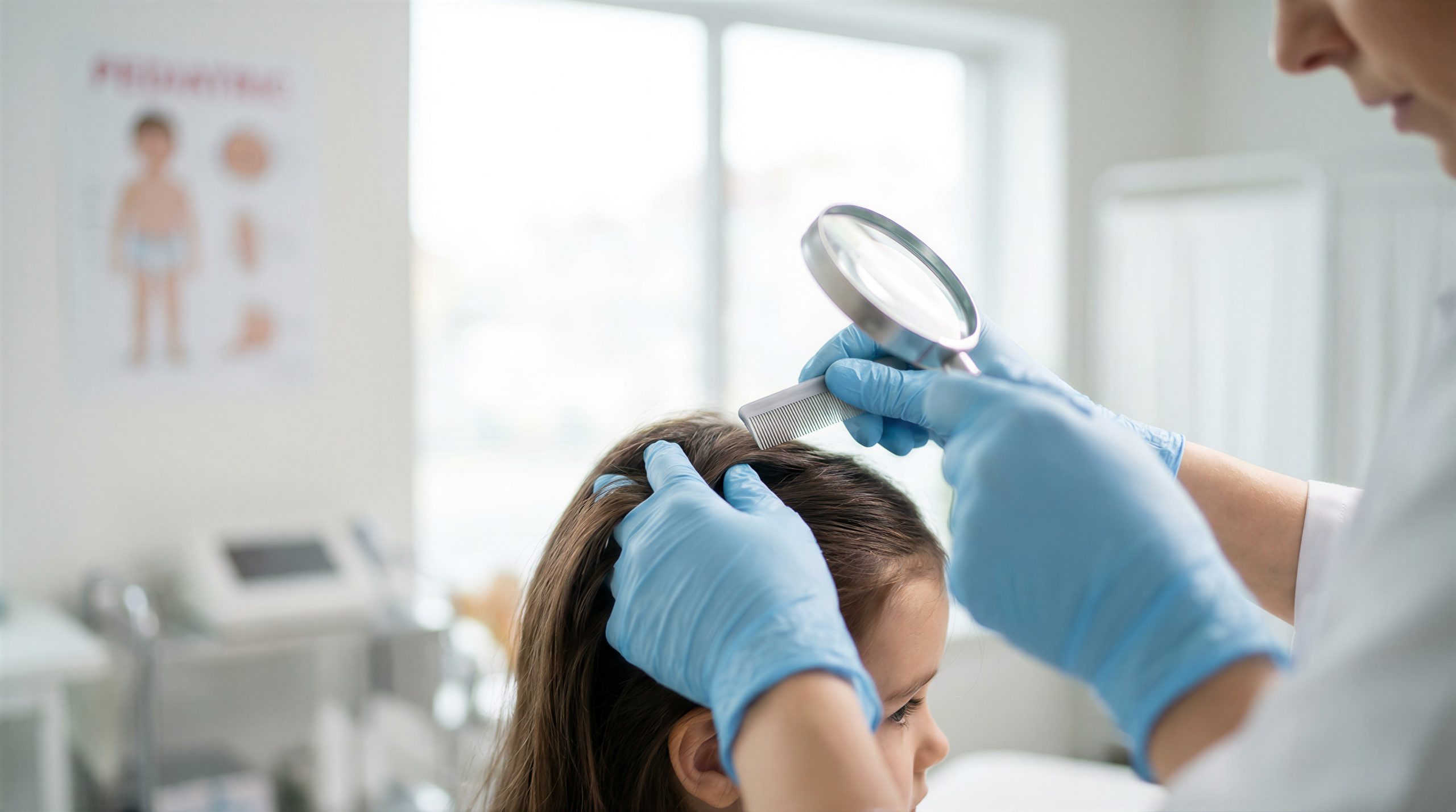 Doctor examining a child's hair with a magnifying glass for lice
